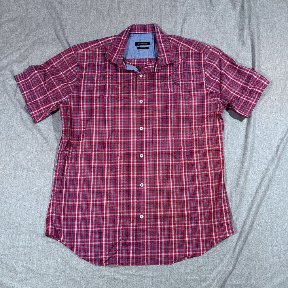 Bugatchi Shirt‎ Mens Large Plaid Shaped Fit Short Sleeve Button Up Casual